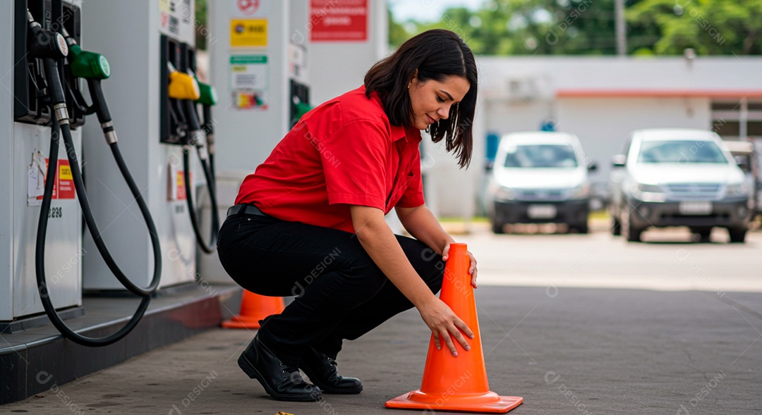 Mulher frentista ajeitando cone no pátio do posto