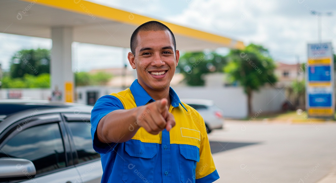 Homem frentista feliz em seu ambiente de trabalho posto de gasolina