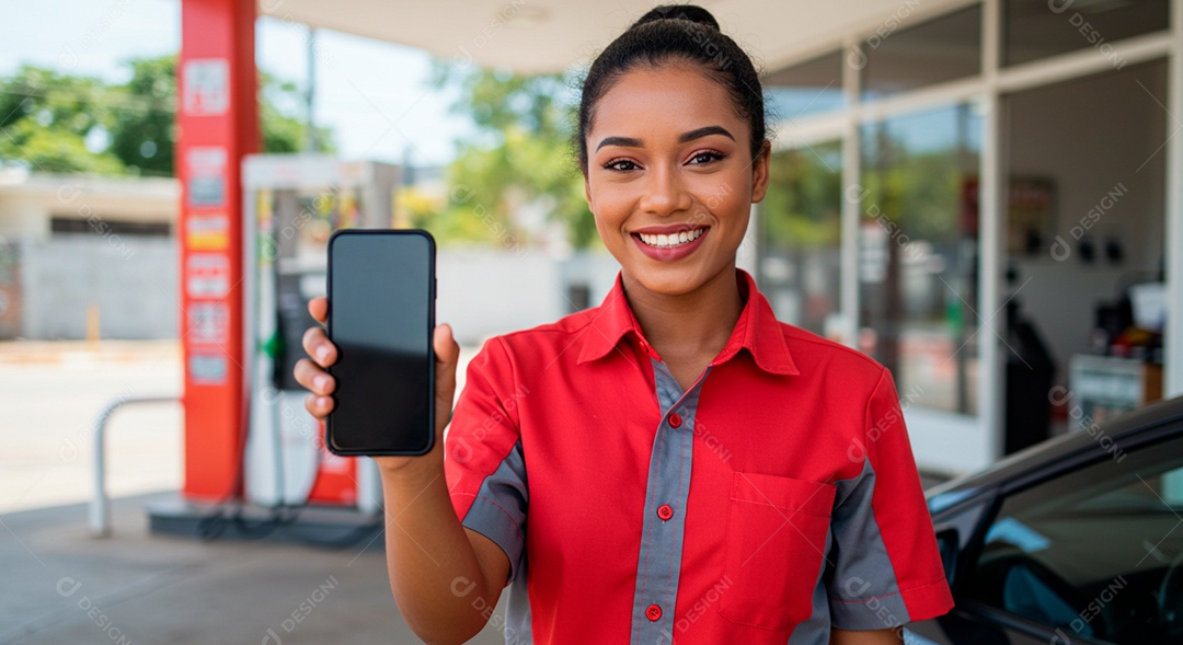 Uma linda frentista segurando celular em um posto de gasolina