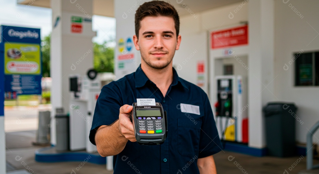 Frentista feliz no trabalho em um dia de sol segurando máquina de cartão