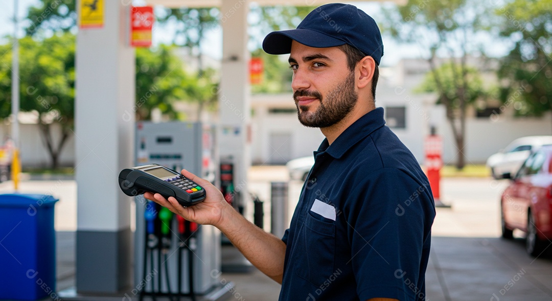 Homem frentista com máquina na mão em um posto de gasolina