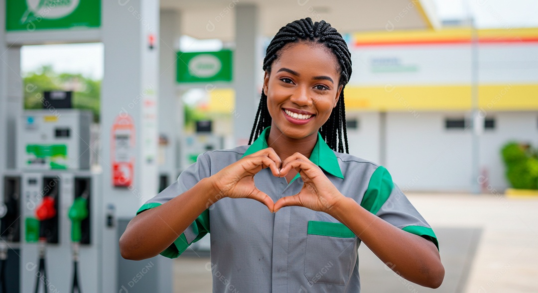 Uma linda mulher morena frentista trabalhando no posto