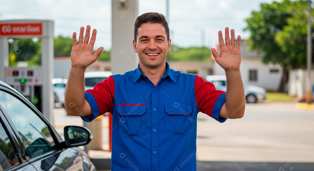 Frentista feliz no trabalho em um dia de sol