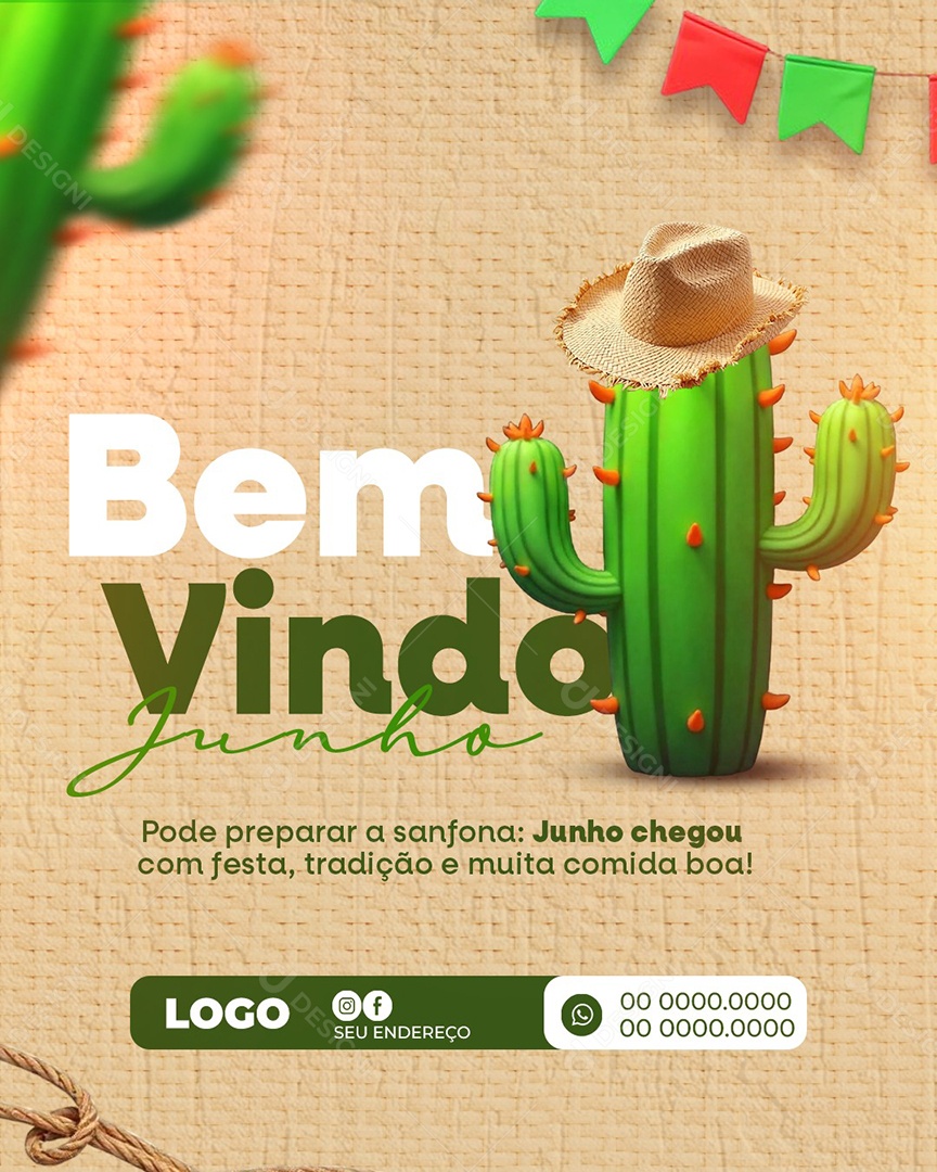 Feed Bem-Vindo Junho Bege Social Media PSD Editável