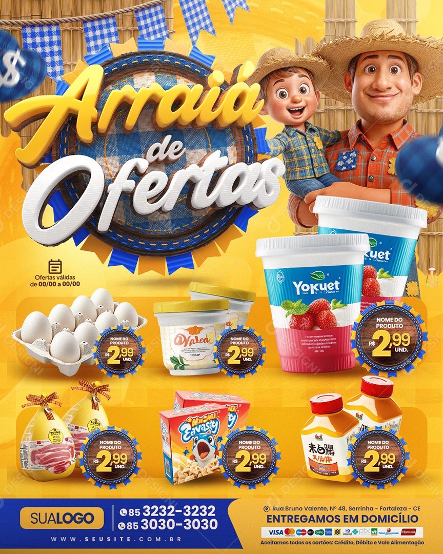 Tabloide Arraiá de Ofertas Supermercado Produtos Social Media PSD Editável