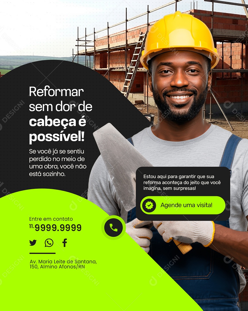 Pedreiro Reformar Sem Dor de Cabeça Social Media PSD Editável