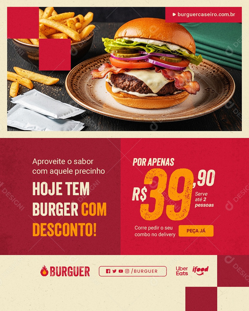 Lanchonete Artesanal Hoje Tem Burger Social Media PSD Editável
