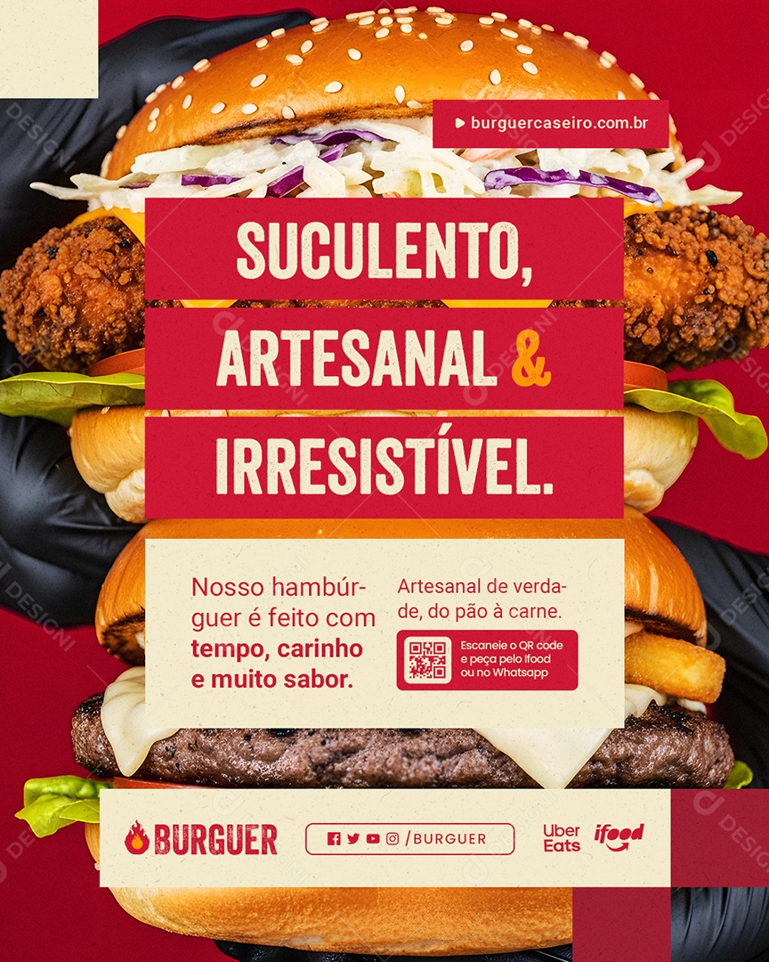 Lanchonete Artesanal Suculento Artesanal e Irresistível Social Media PSD Editável