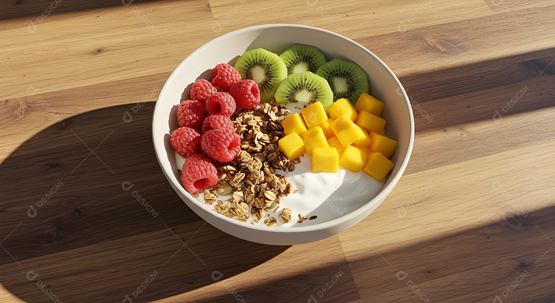 Frutas saborosas deliciosas em uma tigela mesa madeira