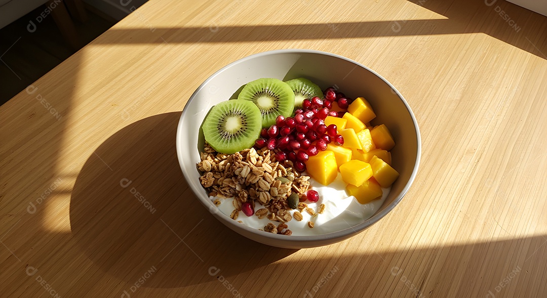 Frutas saborosas deliciosas em uma tigela mesa madeira