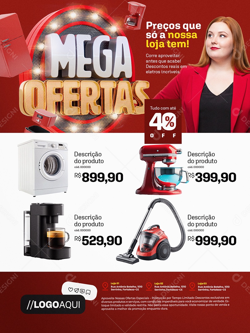 Mega Ofertas Loja De Eletrodomésticos Encarte Máquina De Lavar Cafeteira Social Media PSD Editável
