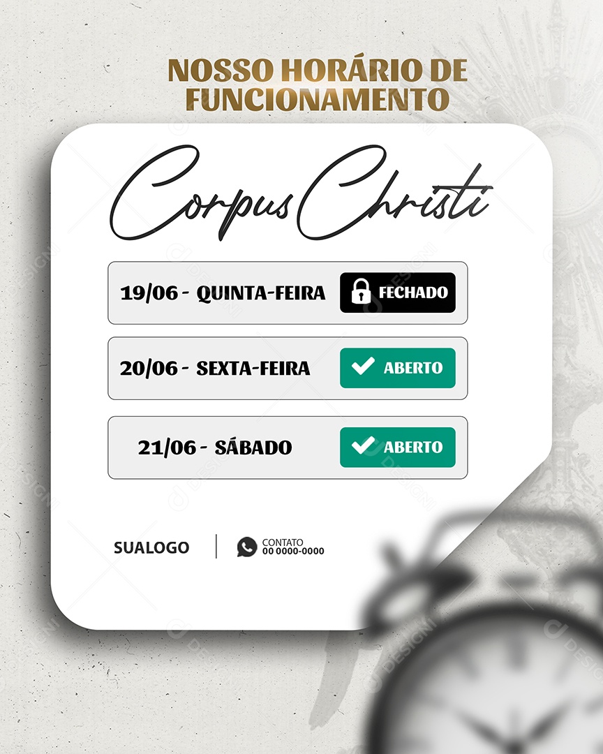 Horários de Funcionamento Corpus Christi Social Media PSD Editável