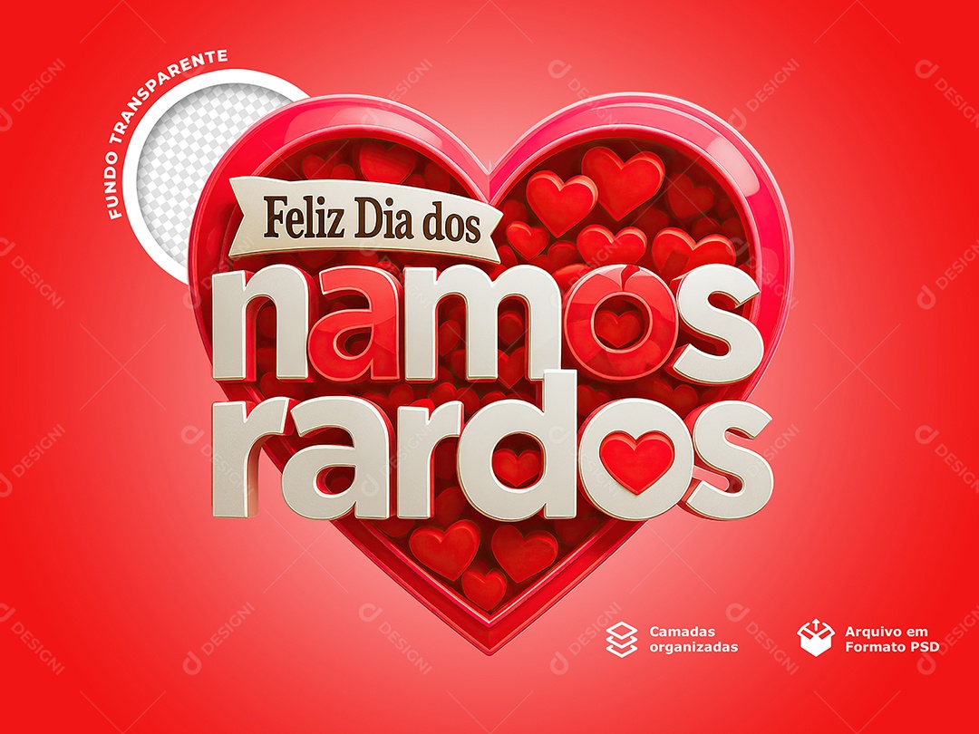 Feliz Dia dos Namorados Selo 3D para Composição PSD