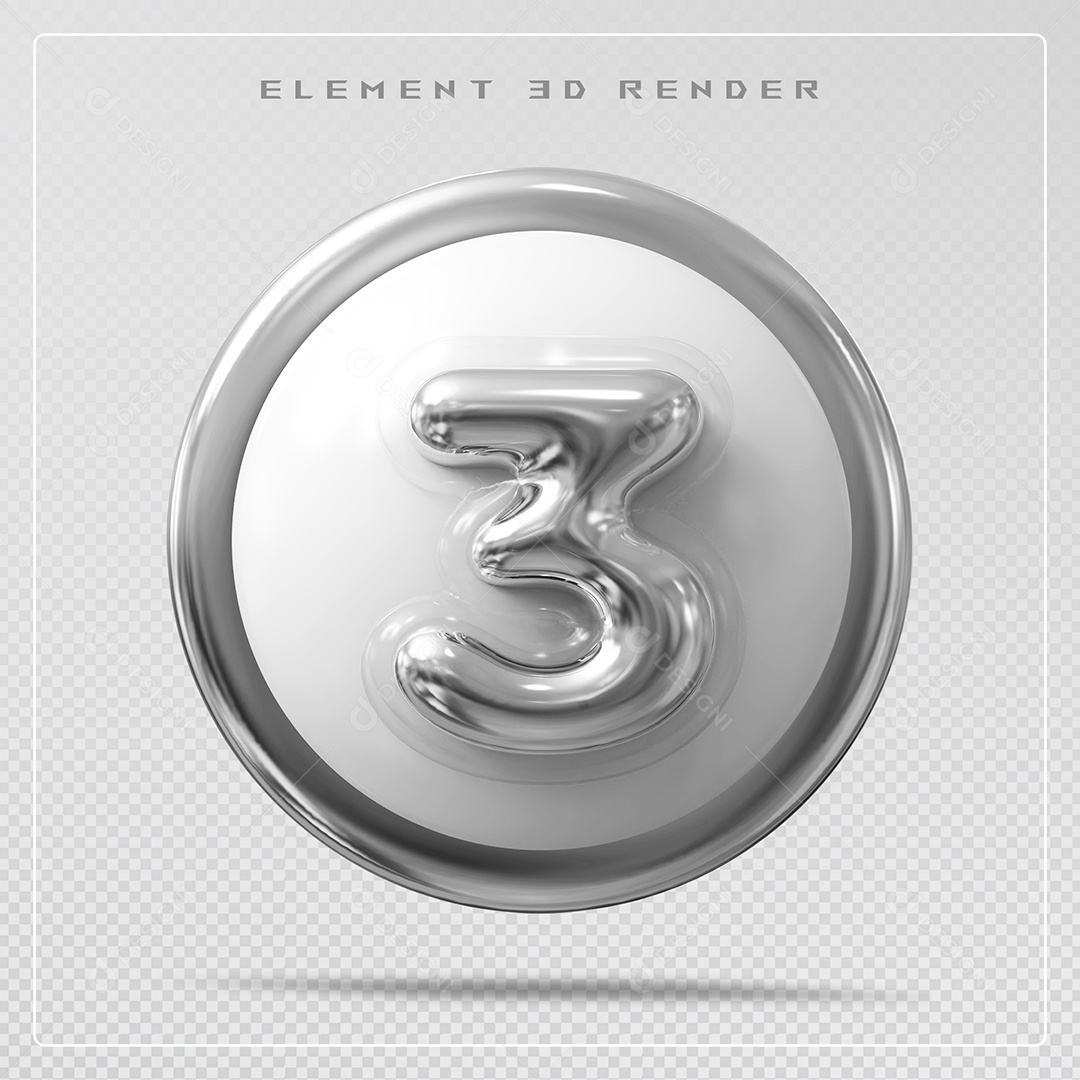 Elemento 3D Número 3 prata para Composição PSD