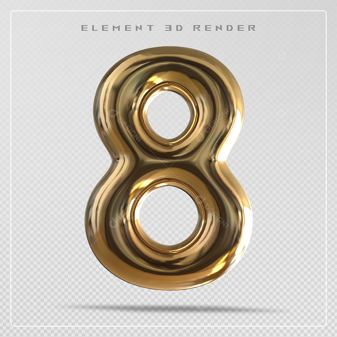 Elemento 3D Número 8 Dourado para Composição PSD