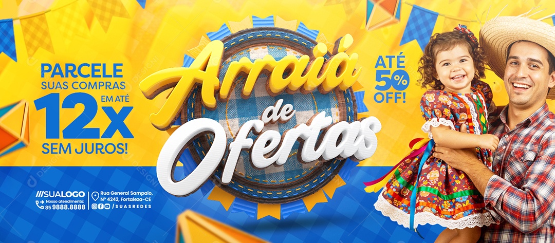 Banner Arraiá de Ofertas Supermercado Parcele Suas Compras Social Media PSD Editável