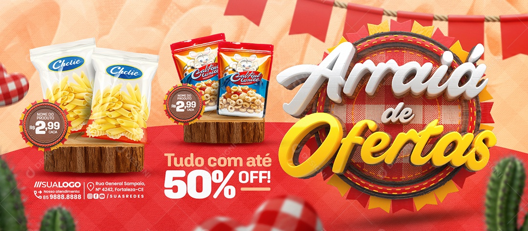 Banner Arraiá de Ofertas Supermercado Cereal Social Media PSD Editável