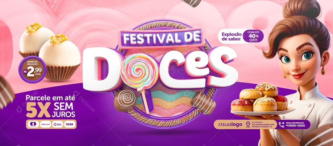 Banner Festival De Doces Doceria Explosão de Sabor Social Media PSD Editável
