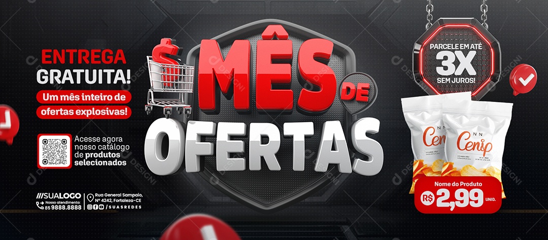 Banner Mês De Ofertas Supermercado Entrega Gratuita Social Media PSD Editável