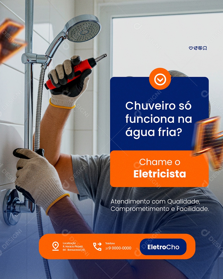 Eletricista Chuveiro Só Funciona na Água Fria Social Media PSD Editável