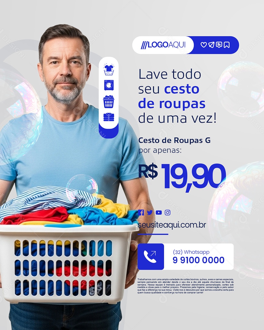 Lavanderia Lave Todo Seu Cesto de Roupas Social Media PSD Editável