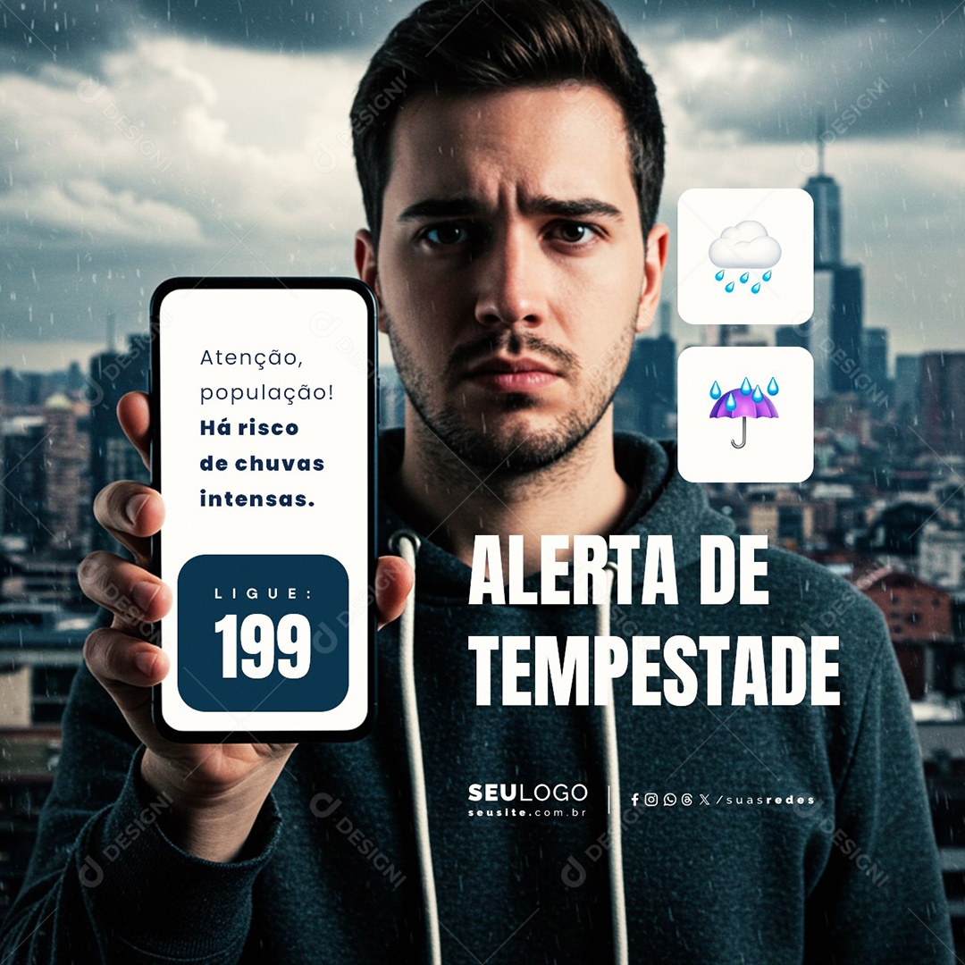 Defesa Civil Alerta De Chuvas Fortes Há Risco Social Media PSD Editável
