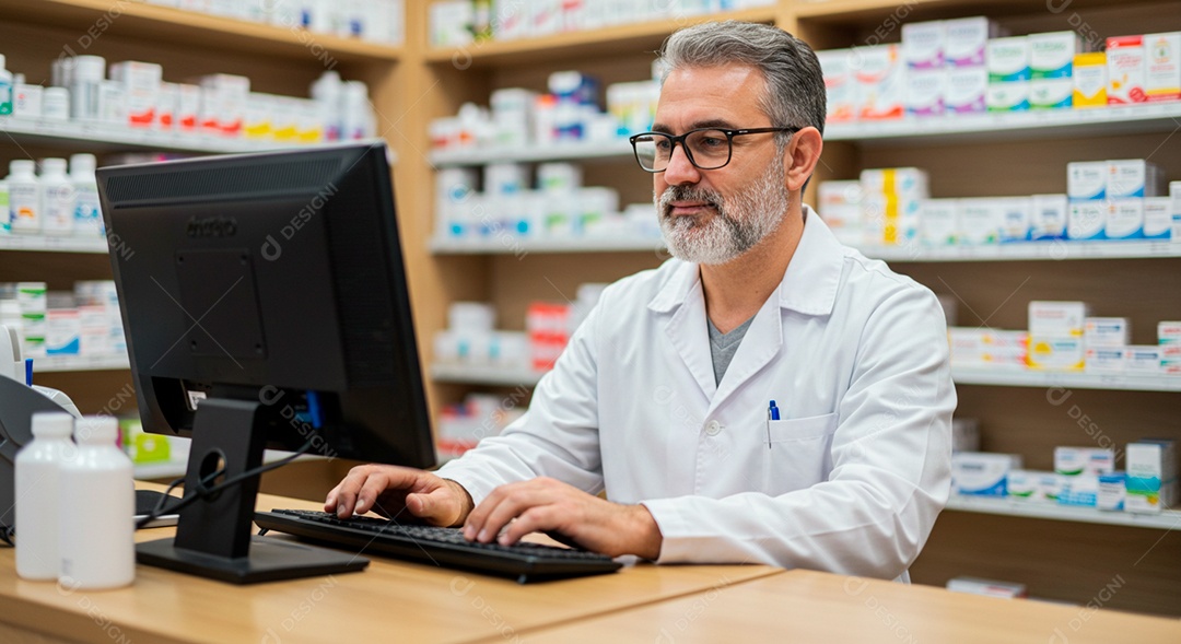 Farmacêutico experiente bonito organizando produtos