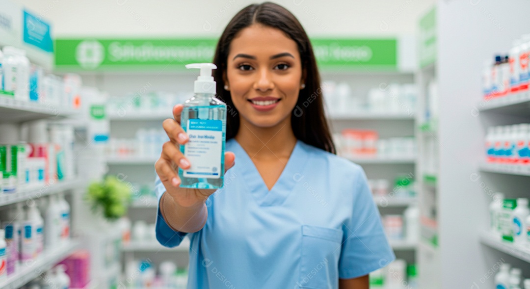 Farmacêutica linda segurando frasco de produto na farmácia