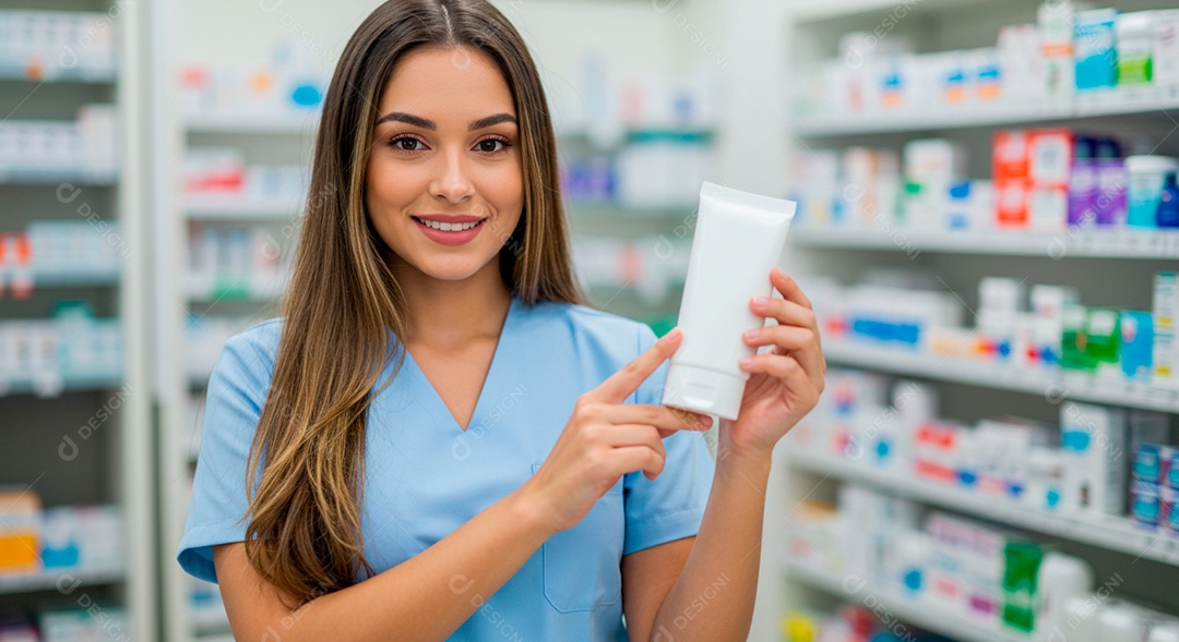 Farmacêutica linda segurando produto da farmácia