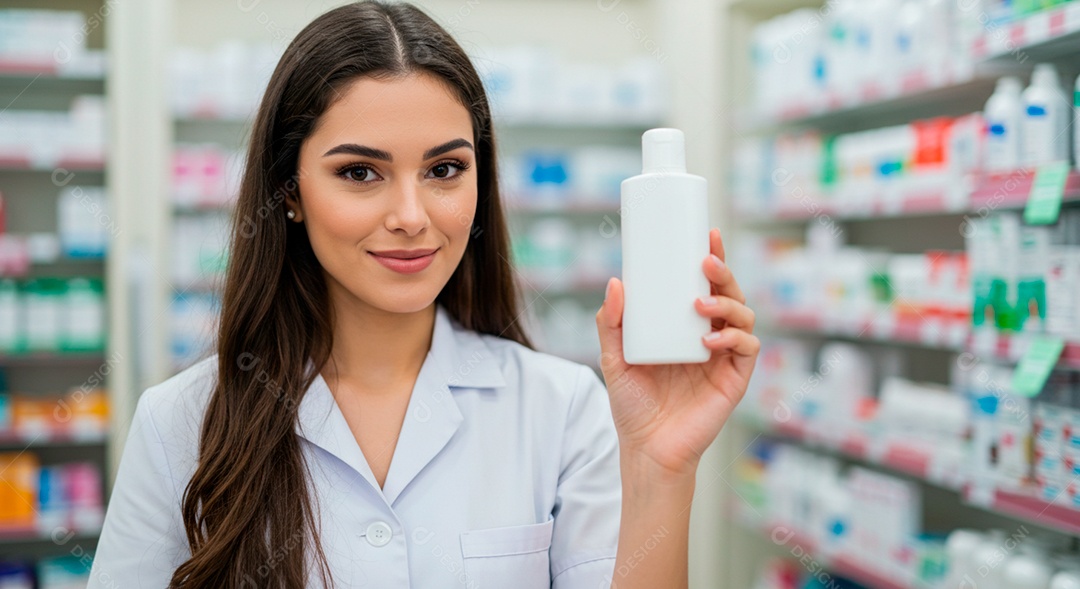 Farmacêutica linda segurando produto da farmácia