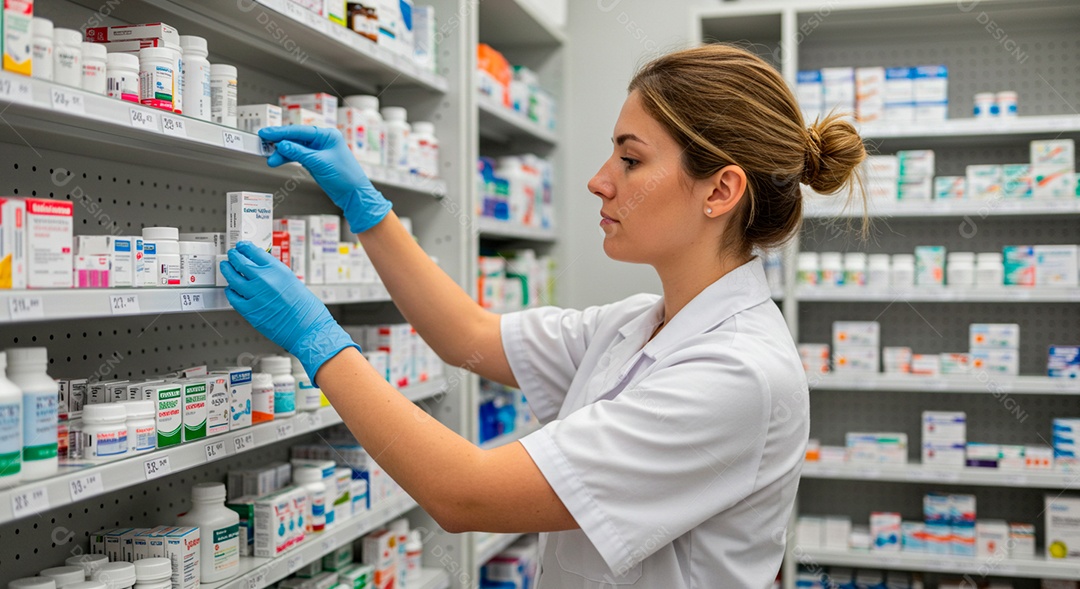 Farmacêutica organizando rémedios na prateleira