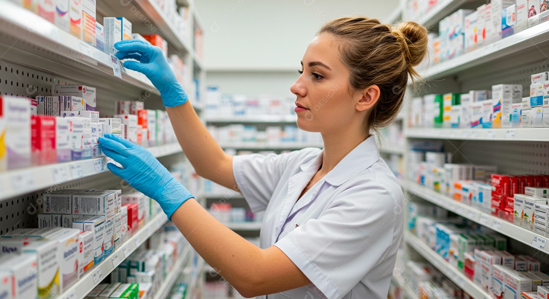 Farmacêutica organizando rémedios na prateleira