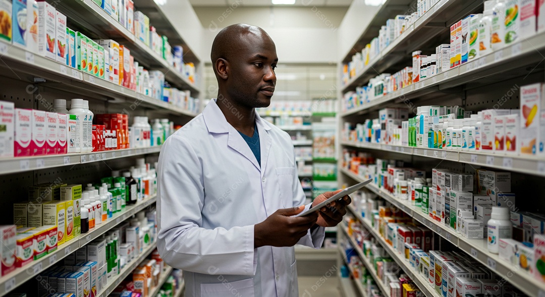 Farmacêutico negro verificando medicamentos em prateleira