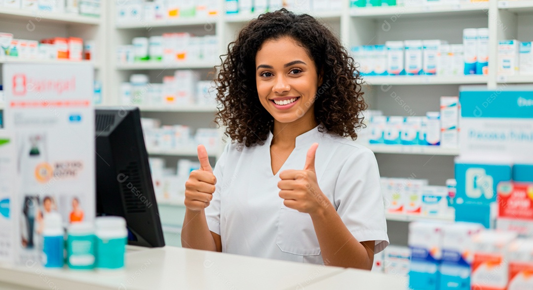 Farmacêutica linda atrás de um bacão com gesto de beleza