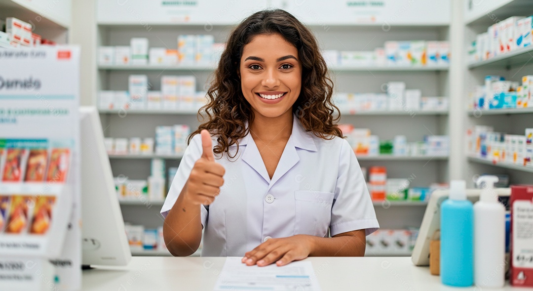 Farmacêutica linda fazendo gesto de legal atrás de balcão