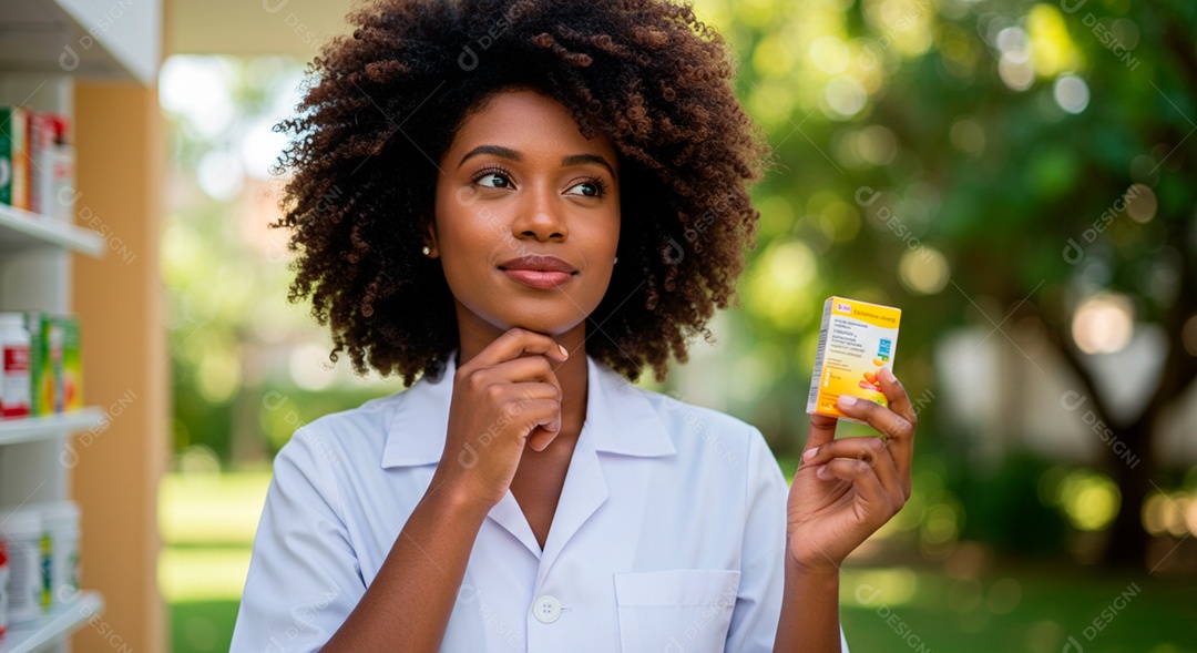 Farmacêutica negra linda segurando caixa de rémedio