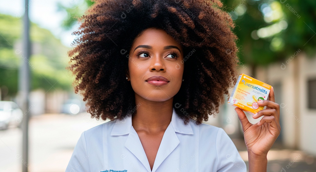 Farmacêutica negra linda segurando caixa de rémedio