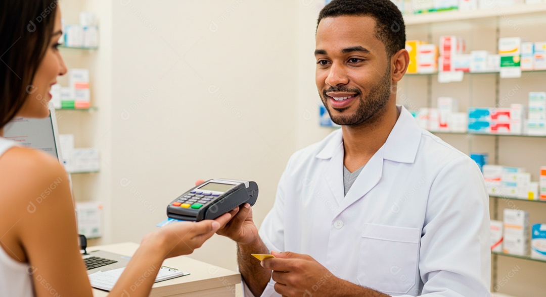 Farmacêutico segurando máquina de cartão