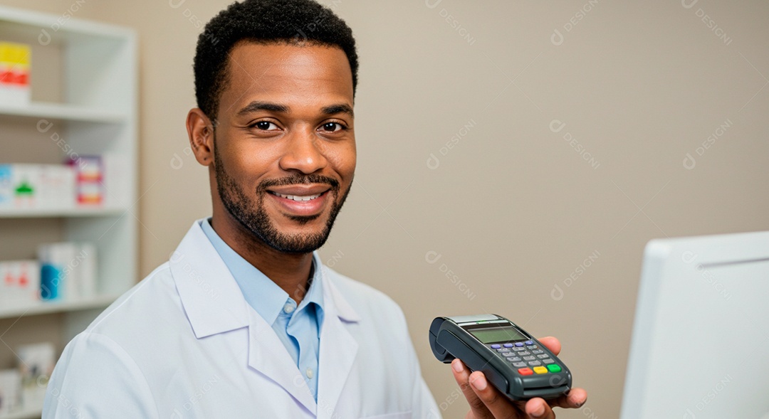 Farmacêutico negro segurando máquina de cartão