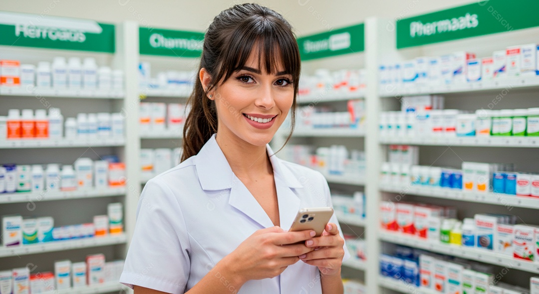 farmacêutica linda com telefone na mão