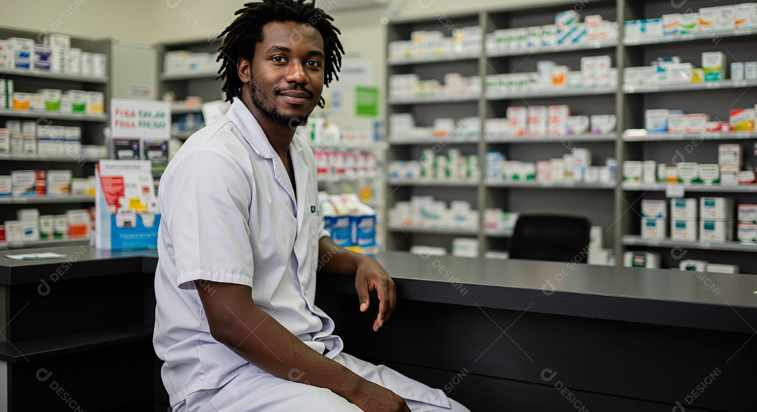 Farmacêutico negro bonito analisando receita de medicamentos