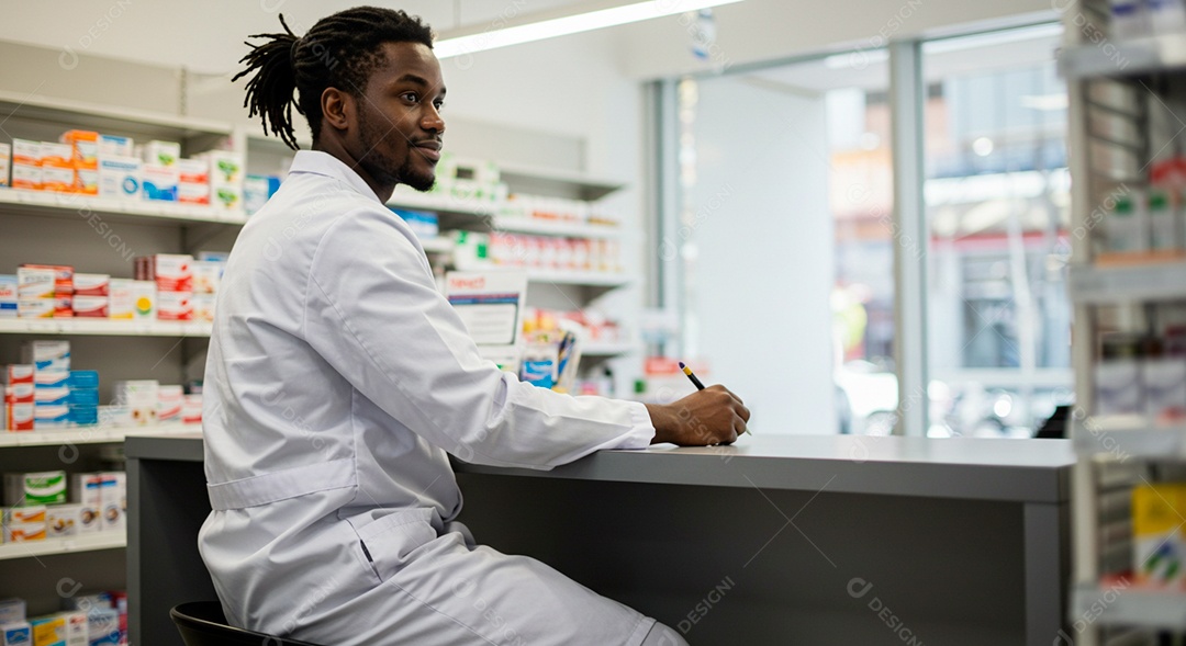 Farmacêutico negro bonito analisando receita de medicamentos