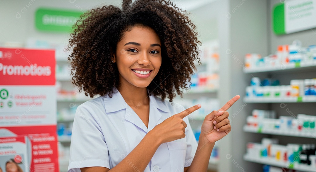 Farmacêutica morena apontando para rémedios em promoção
