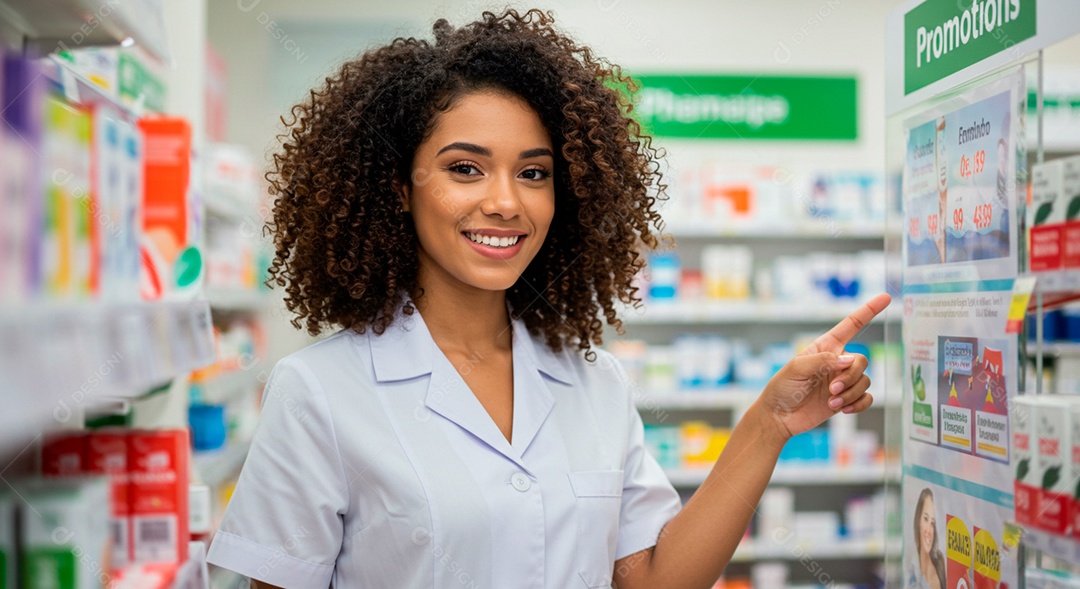 Farmacêutica morena apontando para rémedios em promoção