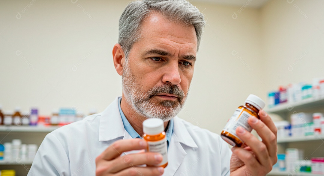 Farmacêutico bonito experiente olhando medicamentos