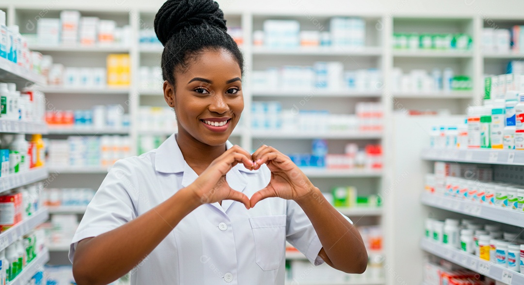 Farmacêutica negra linda feliz em ambiente de trabalho