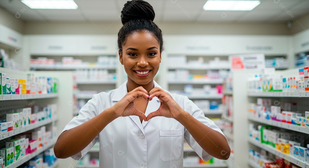 Farmacêutica negra linda feliz em ambiente de trabalho