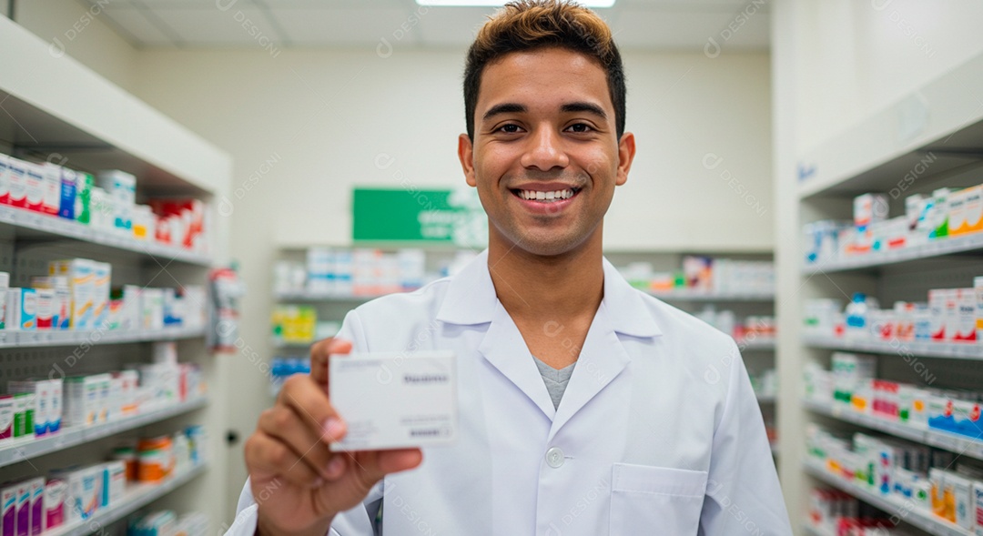 Farmacêutico segurando caixa de rémedio em corredor de farmácia