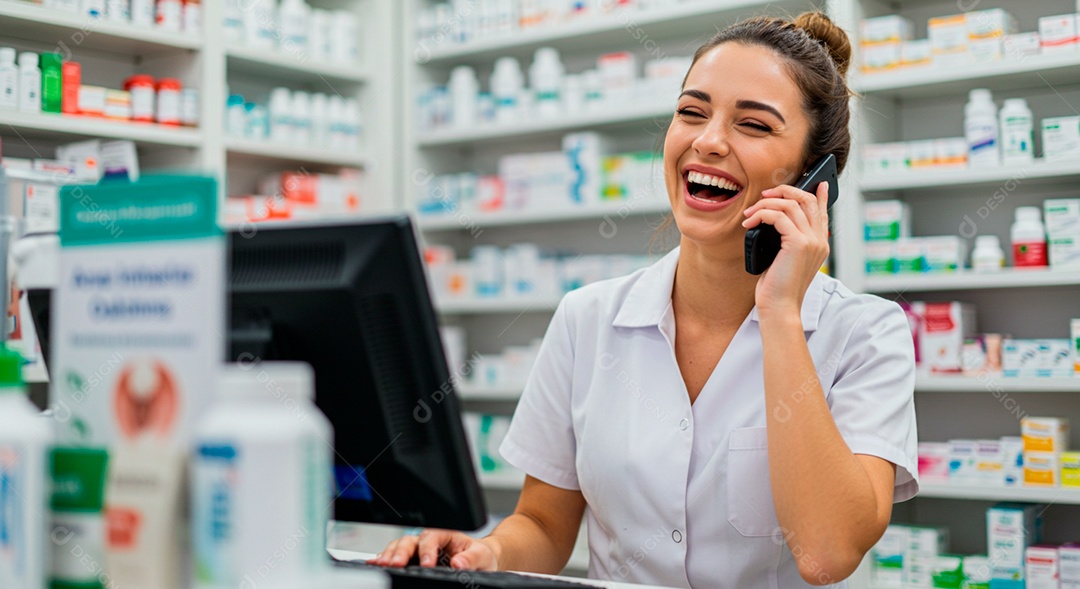 Farmacêutica falando com cliente para entrega de medicamentos