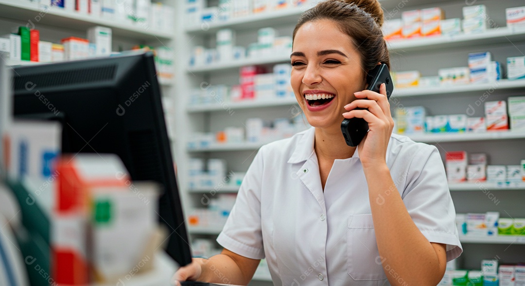 Farmacêutica falando com cliente para entrega de medicamentos